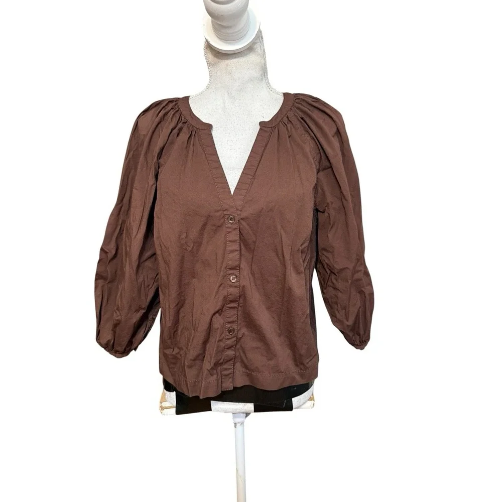 STAUD New Dill Top Brown Cotton Poplin Puff Sleeve Button Front Quiet Luxury L
